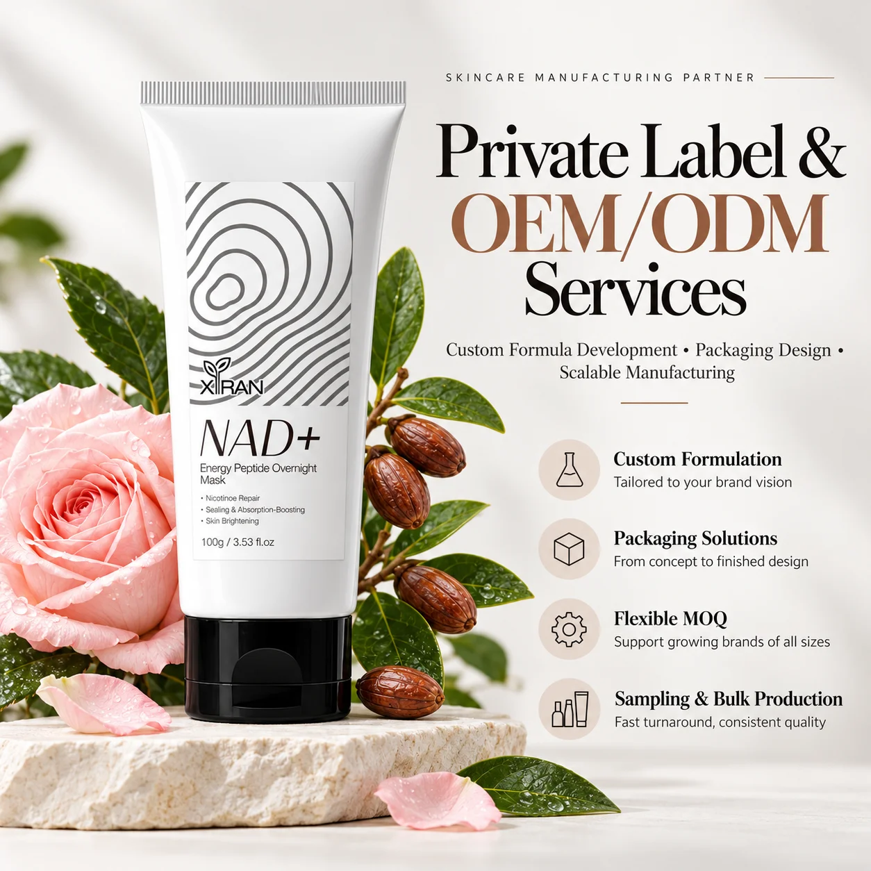A skincare product tube with 'NAD+ Energy Peptide Overnight Mask' alongside a rose and seeds, highlighting private label and OEM/ODM skincare services.